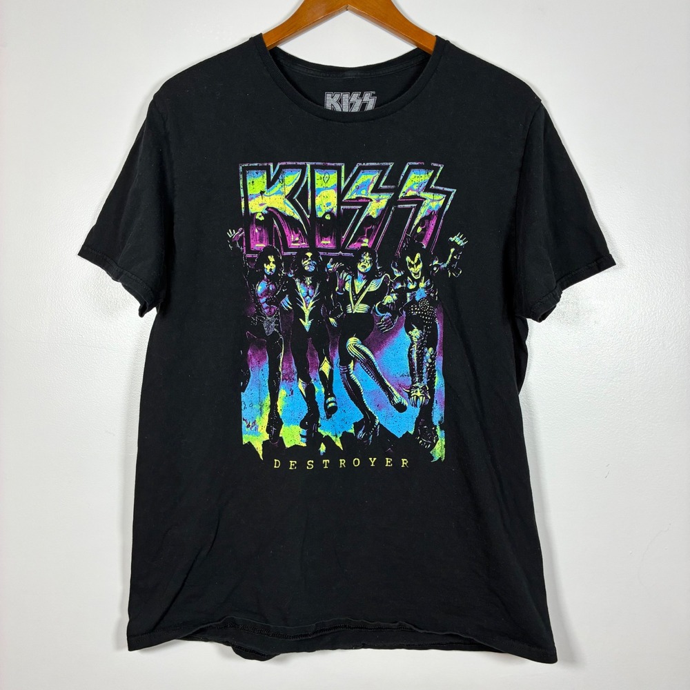 KISS T-Shirt L Black Destroyer Album Graphic Rock Band Tee Neon Print Retro